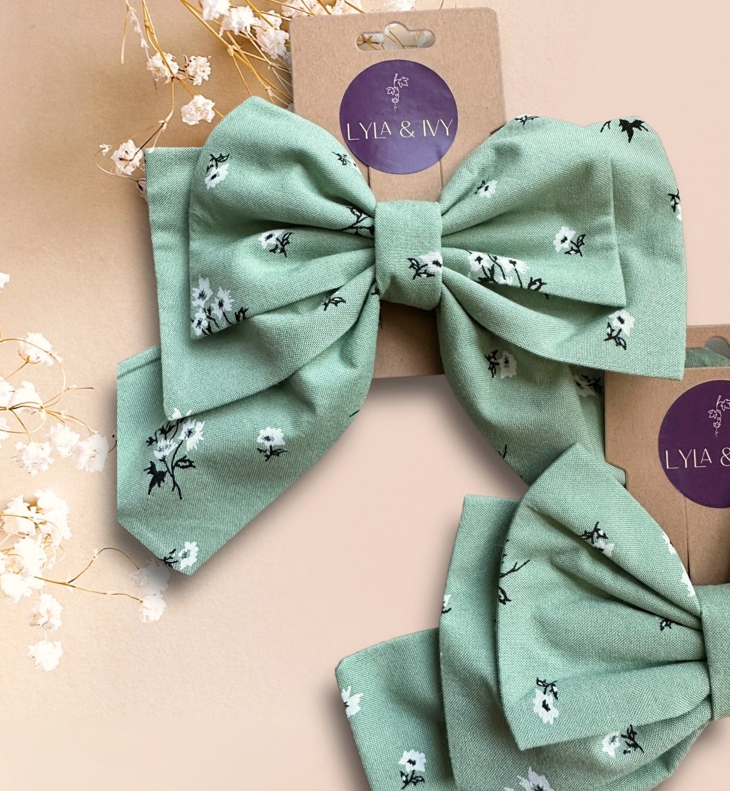 Mint green floral hair bow clip- large