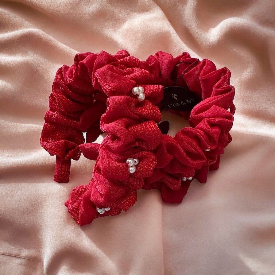 Red pearl beaded ruffle crown headband