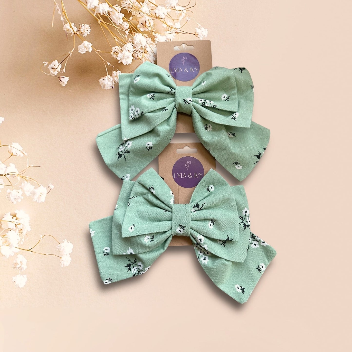 Mint green floral hair bow clip- large