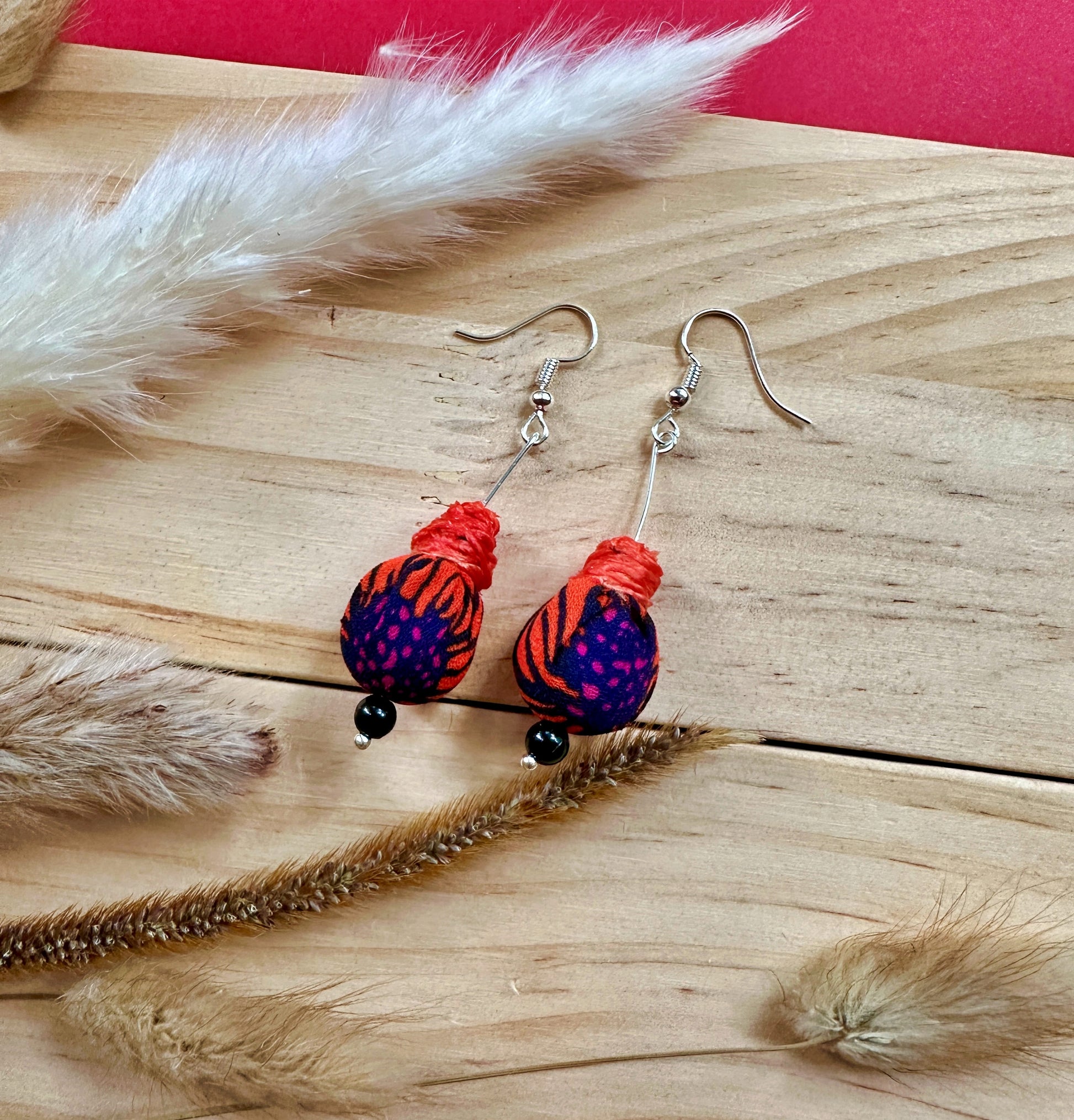 orange and navy fabric earrings