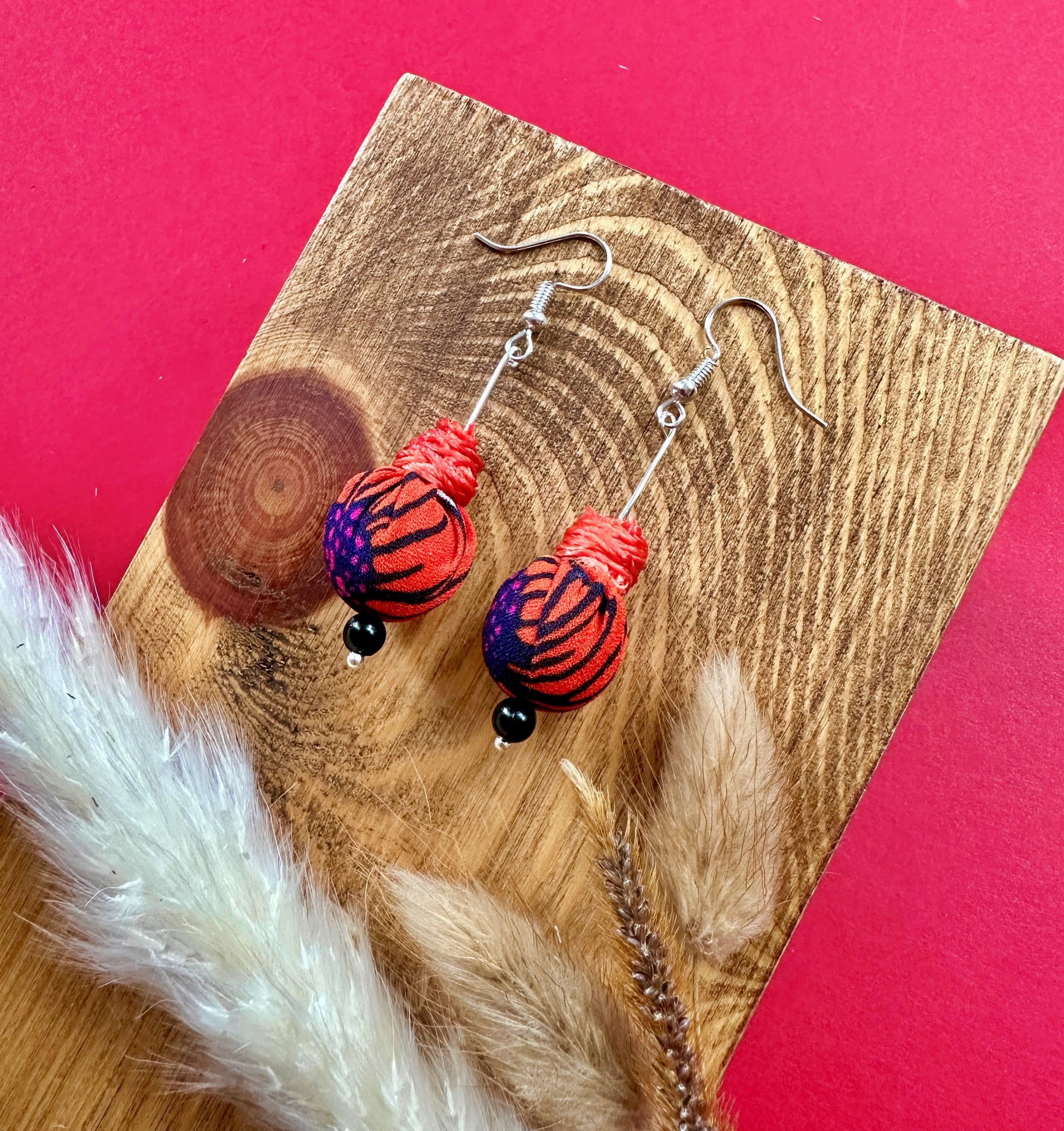 orange and navy fabric earrings