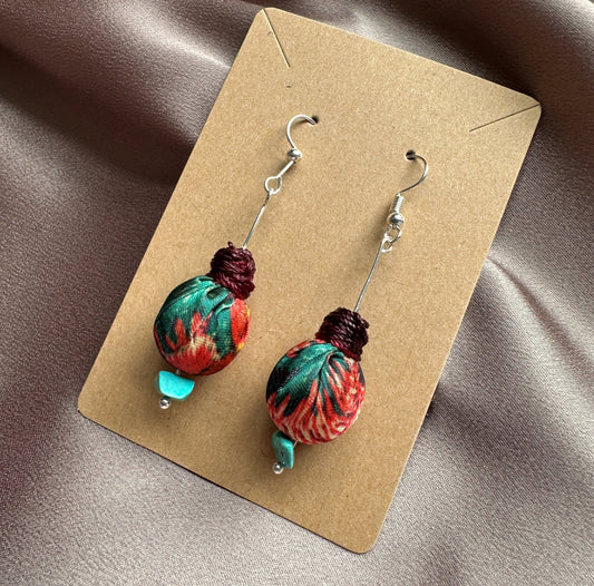 green and red fabric drop earrings