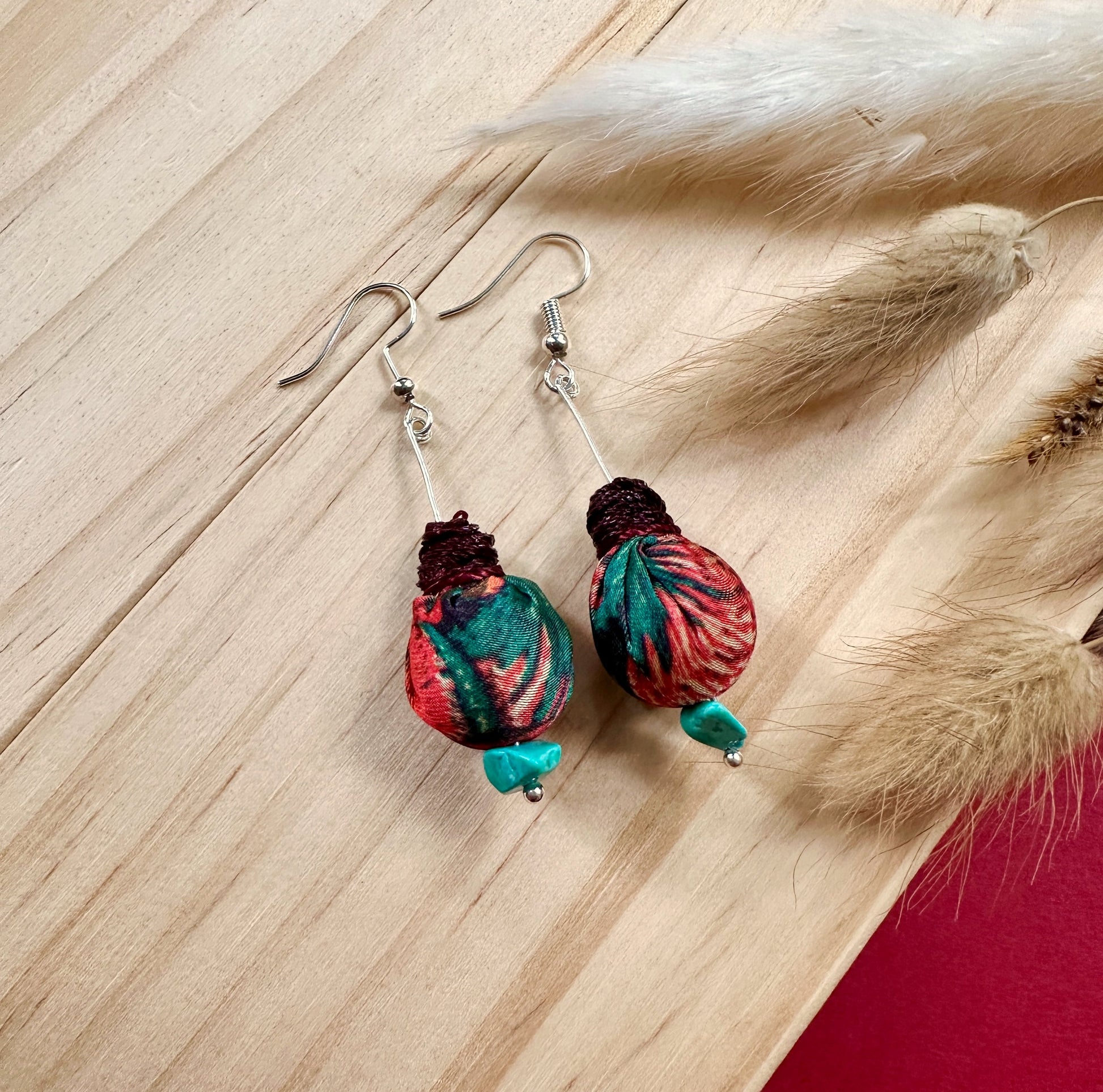 green and red fabric drop earrings