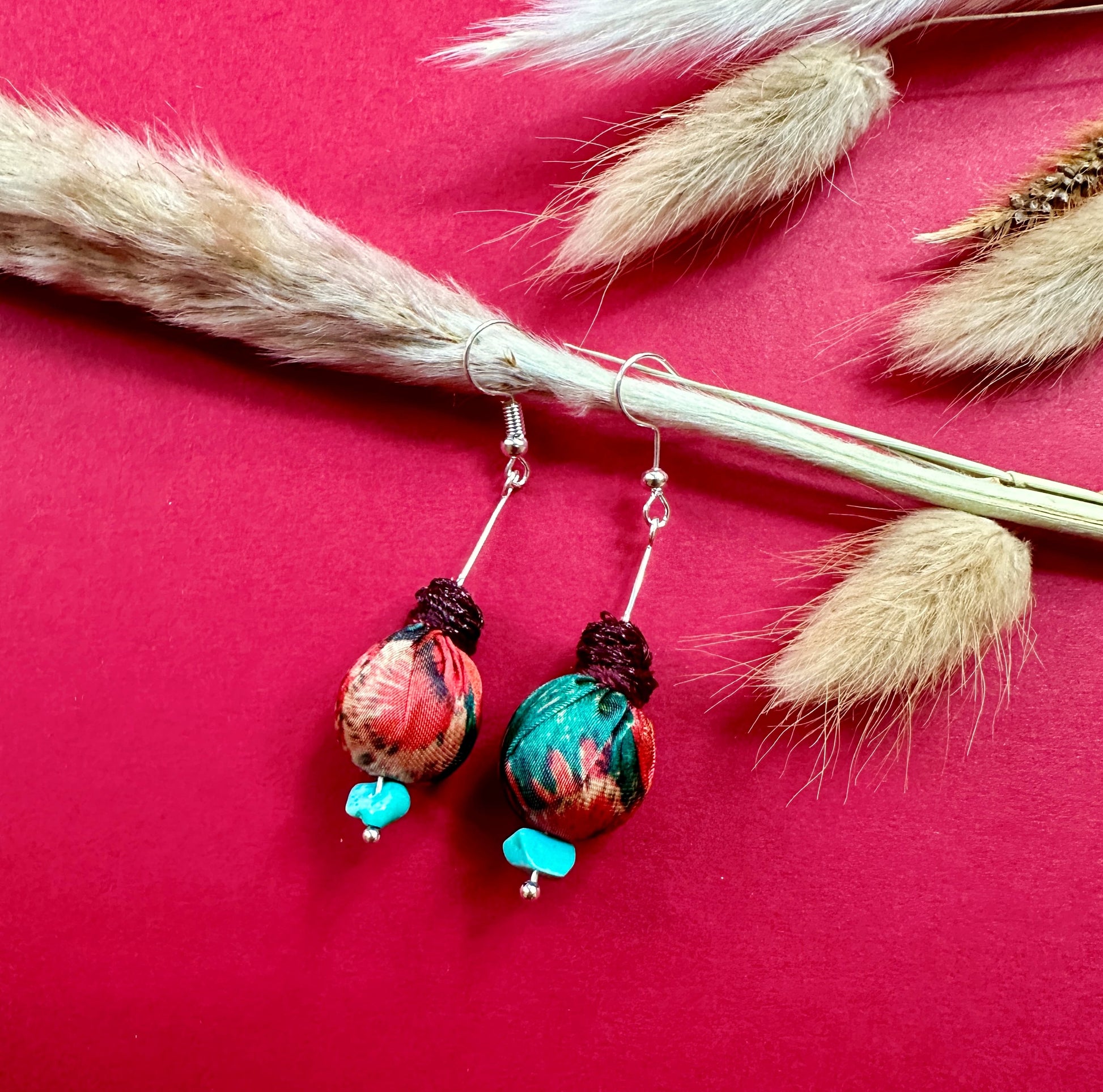 green and red fabric drop earrings