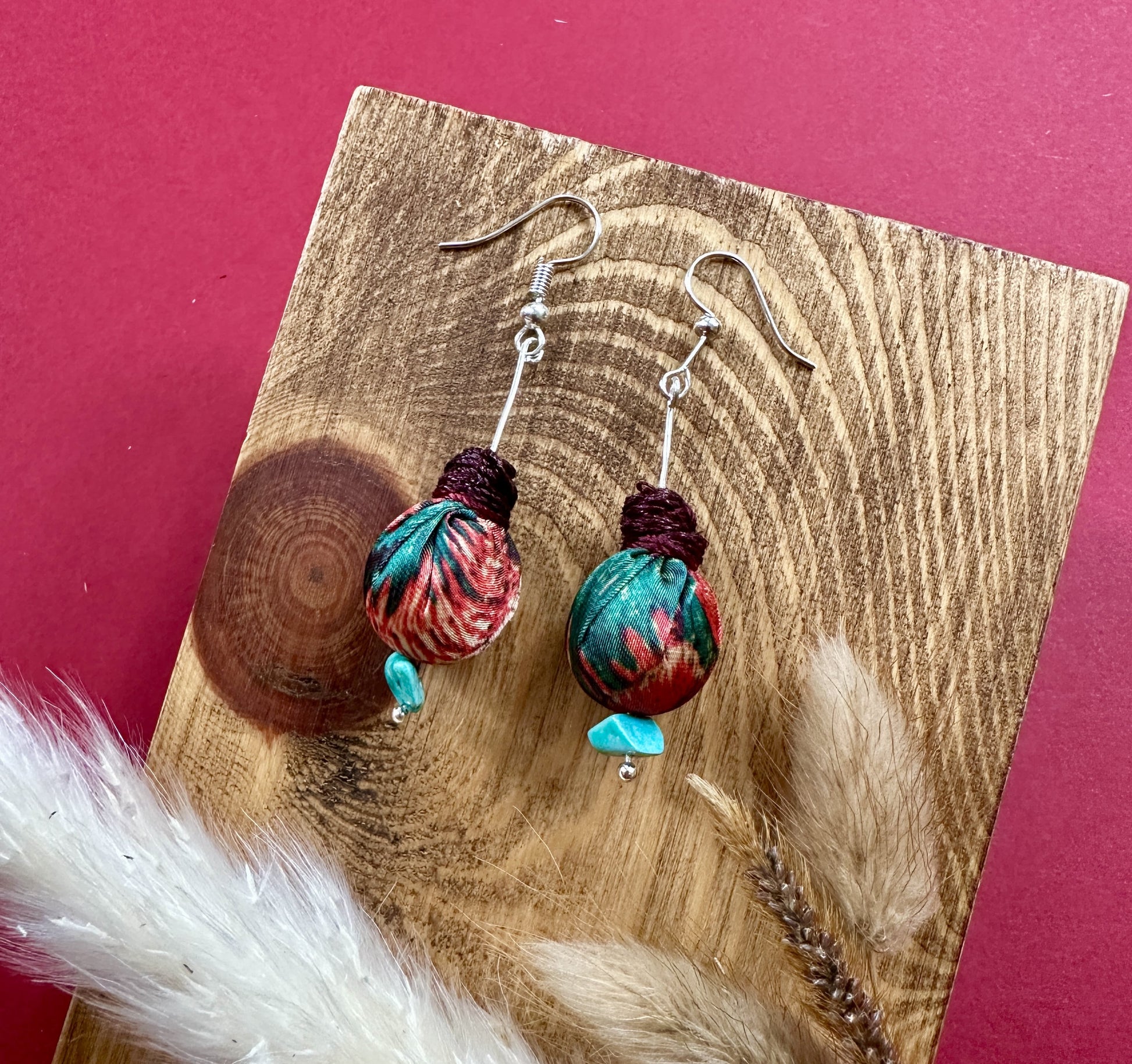 green and red fabric drop earrings