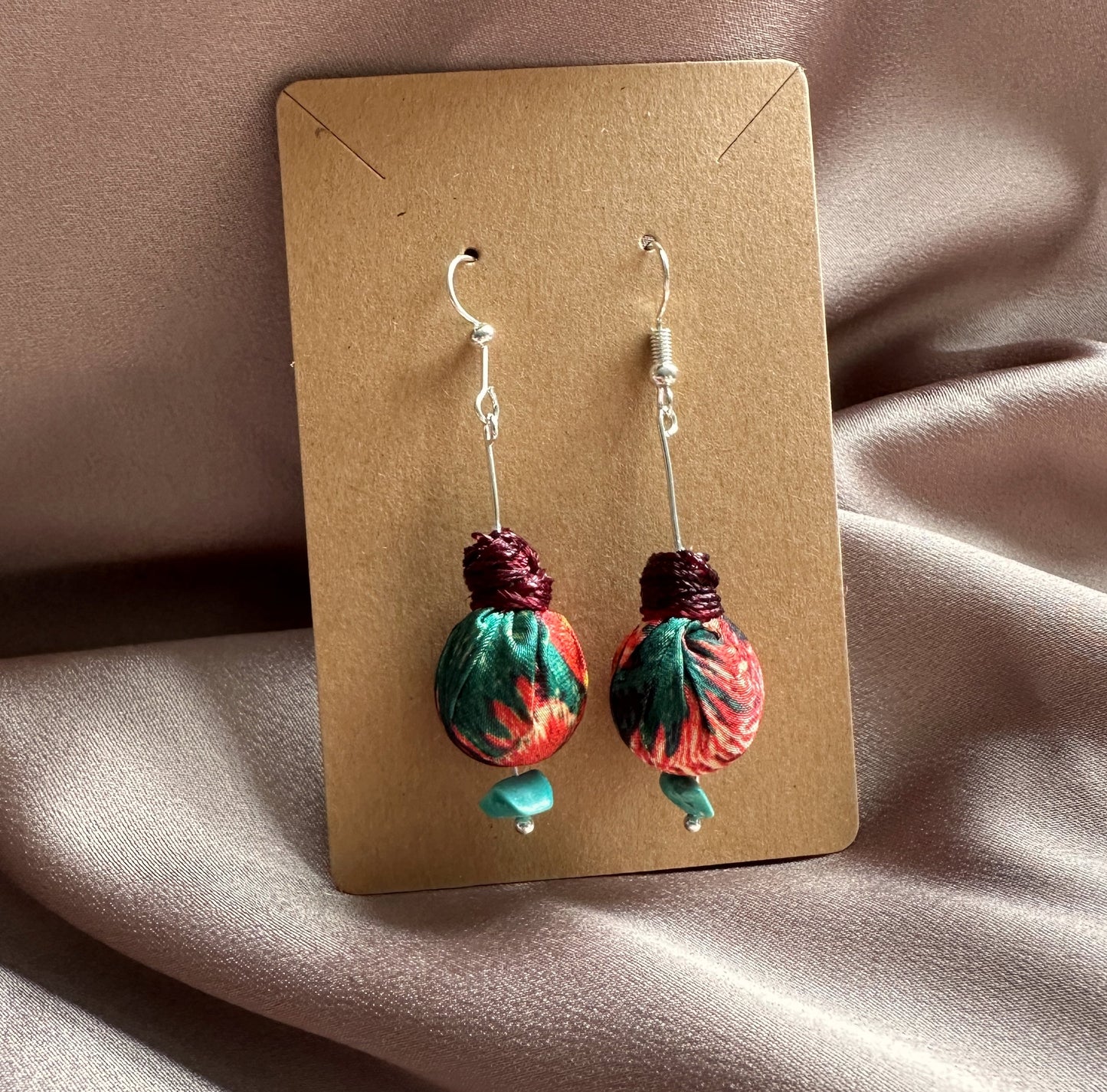 green and red fabric drop earrings