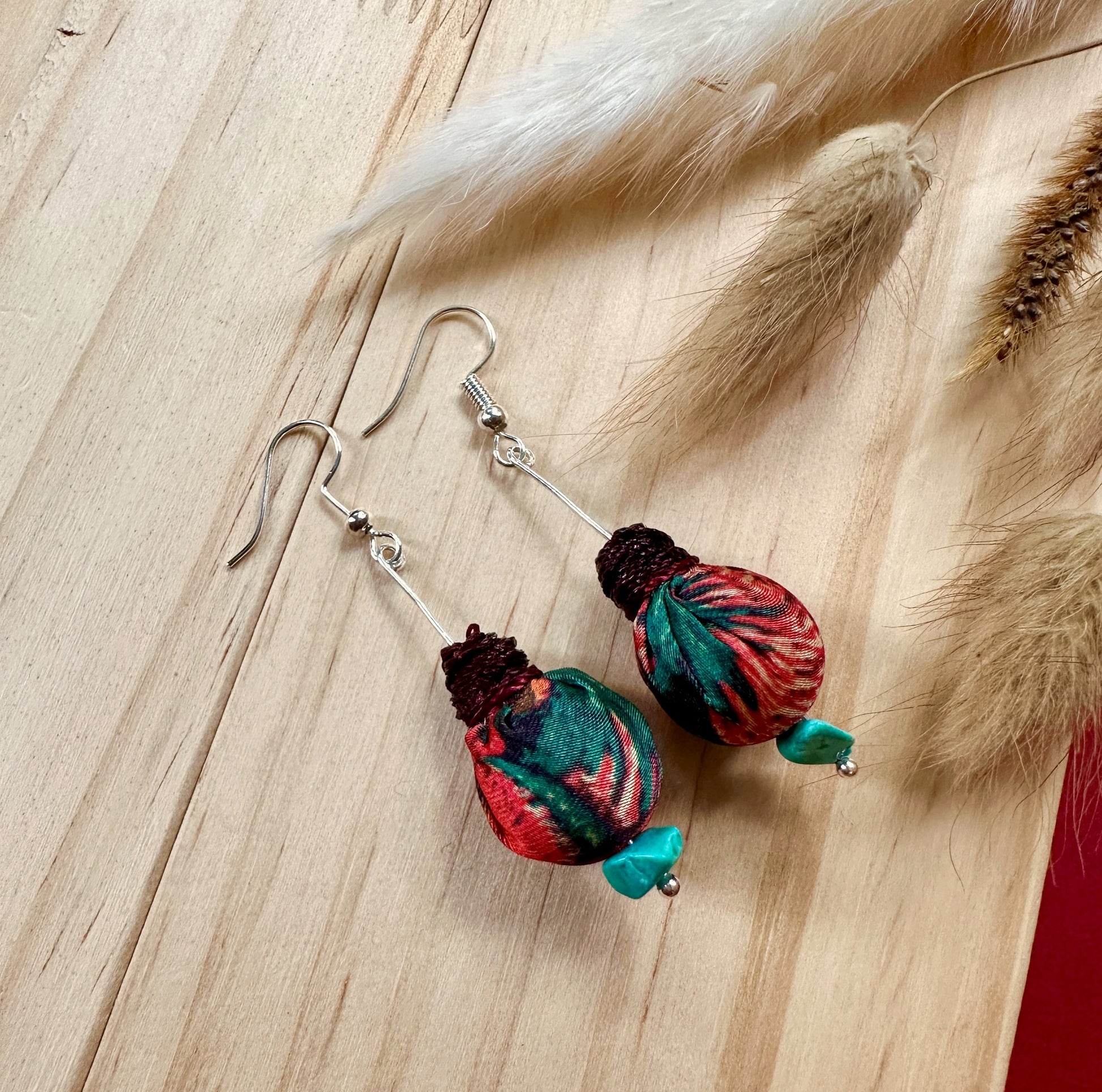 green and red fabric drop earrings