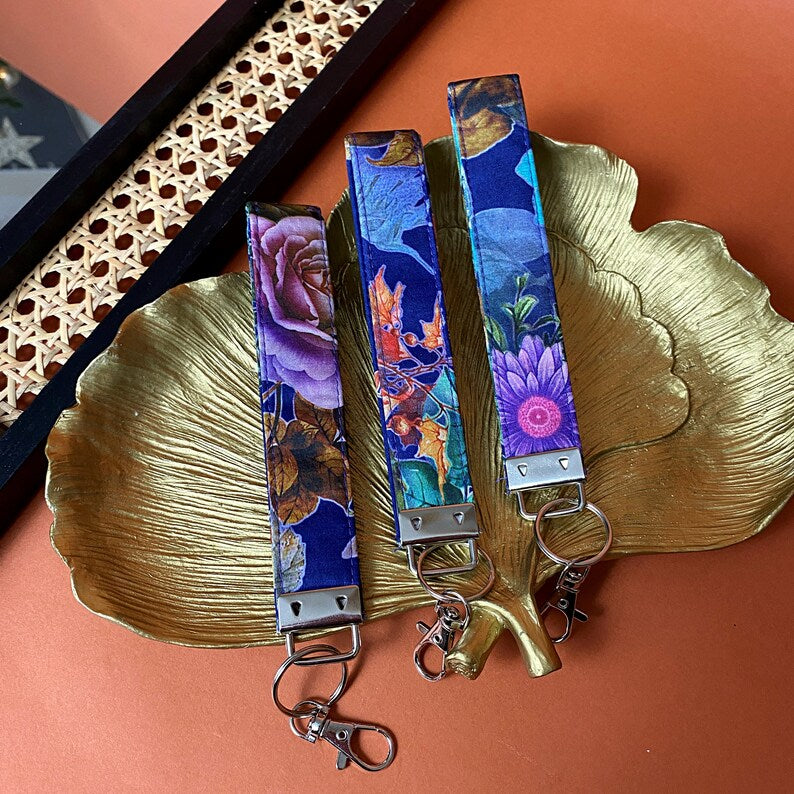 Luxury blue satin floral keychain wristlet