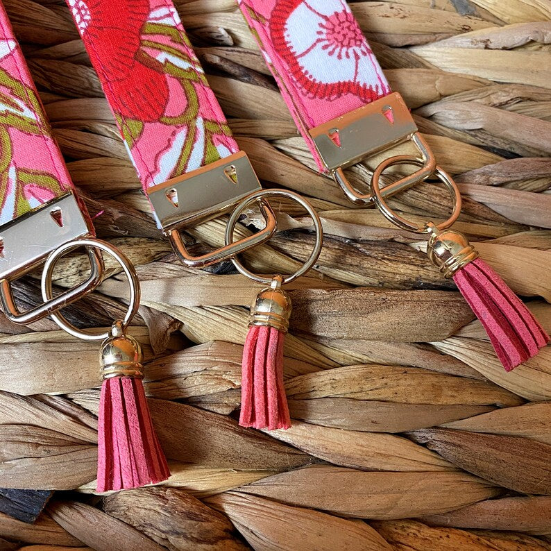 Pink floral cotton key chain wristlet