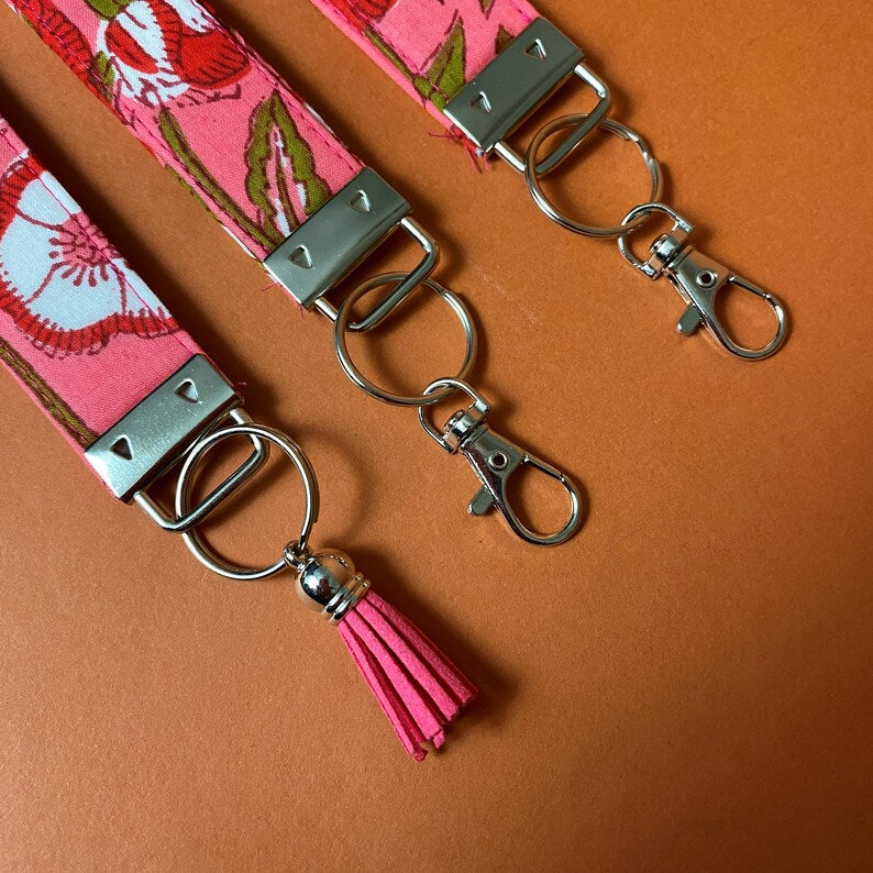 Pink floral cotton key chain wristlet