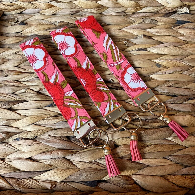 Pink floral cotton key chain wristlet