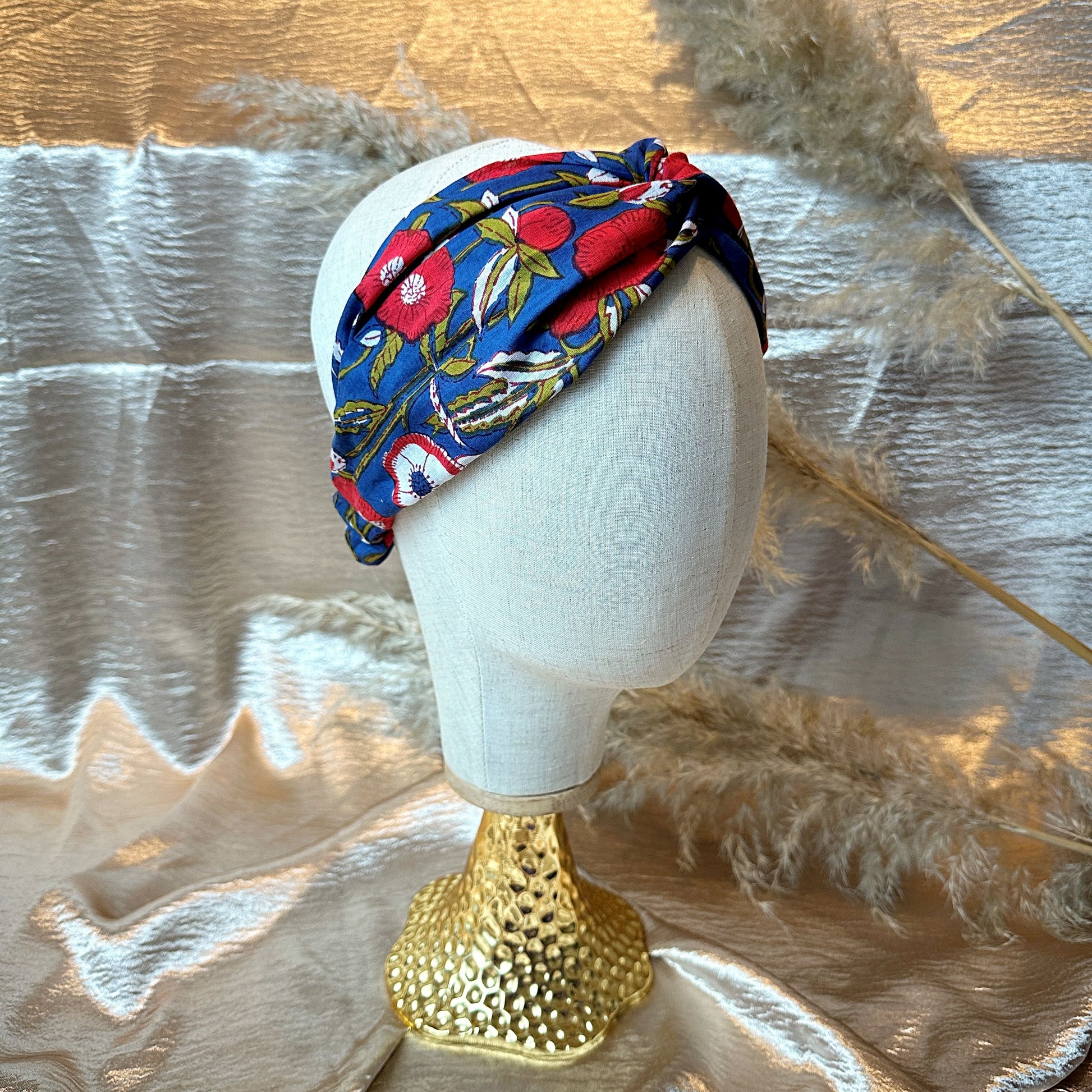 side view blue floral headband