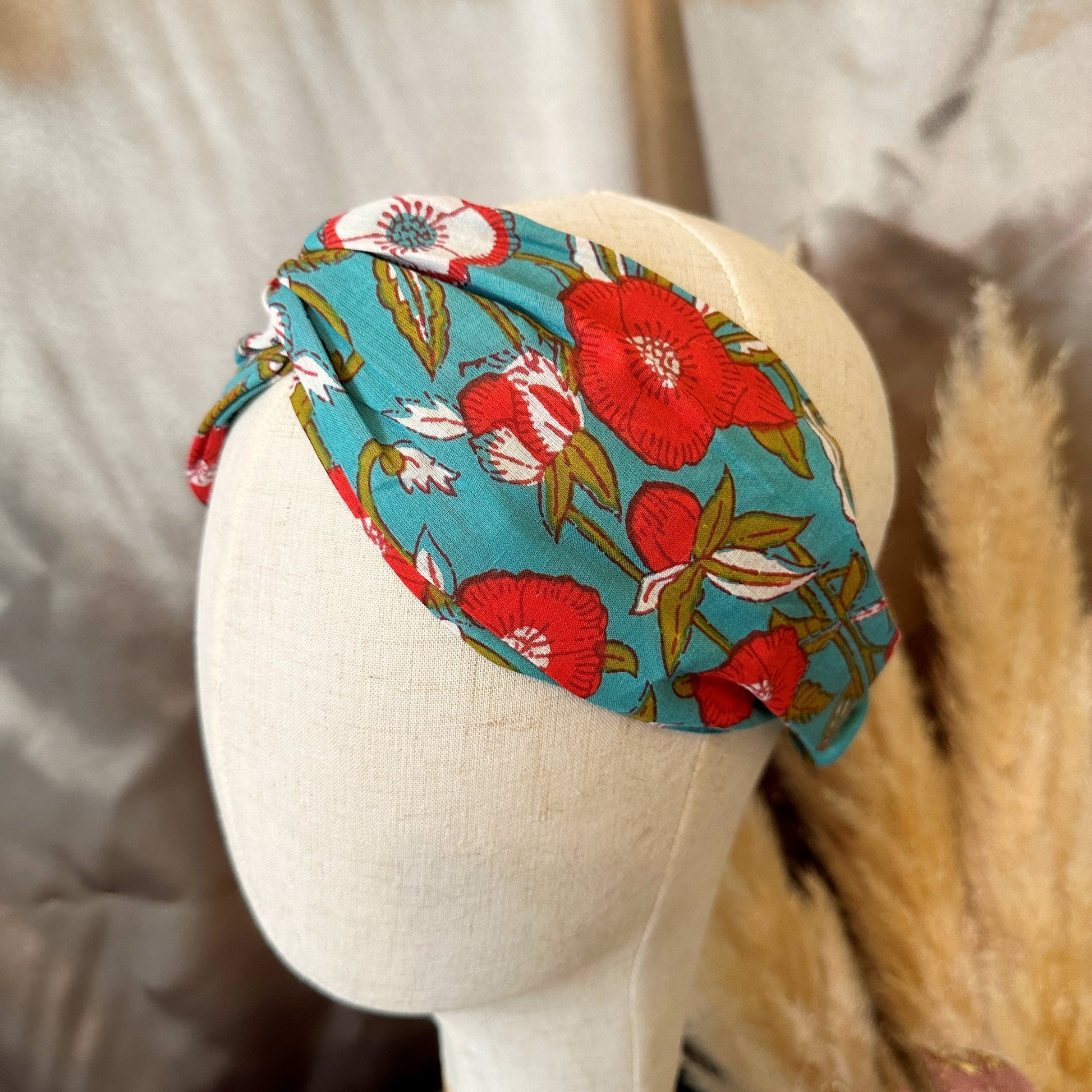 turquoise cotton turban headband, side view