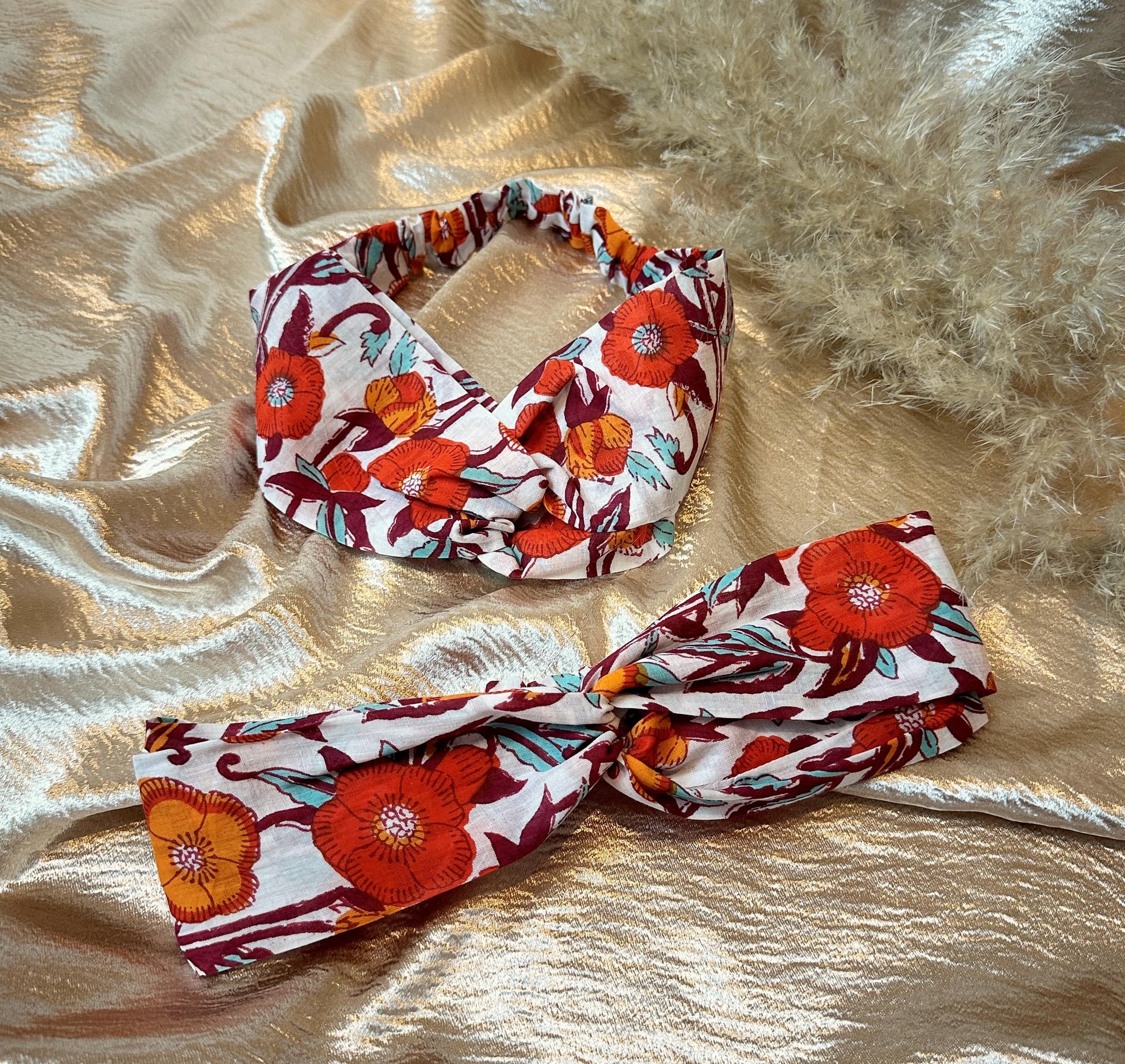 flat lay of cotton floral headbands